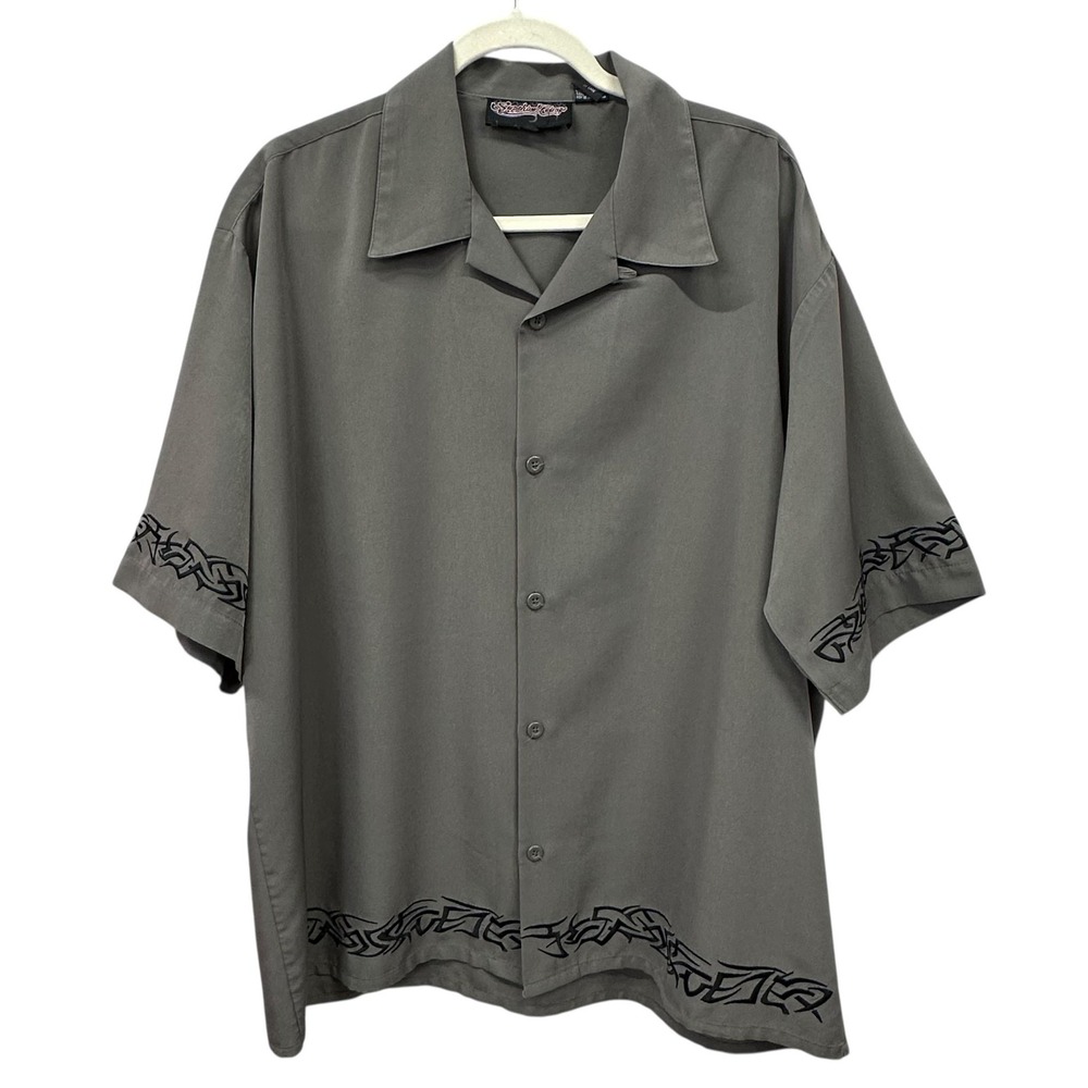 Sapphire Lounge Camp Shirt Men XL Gray Tribal Loop Collar Button Up Short Sleeve